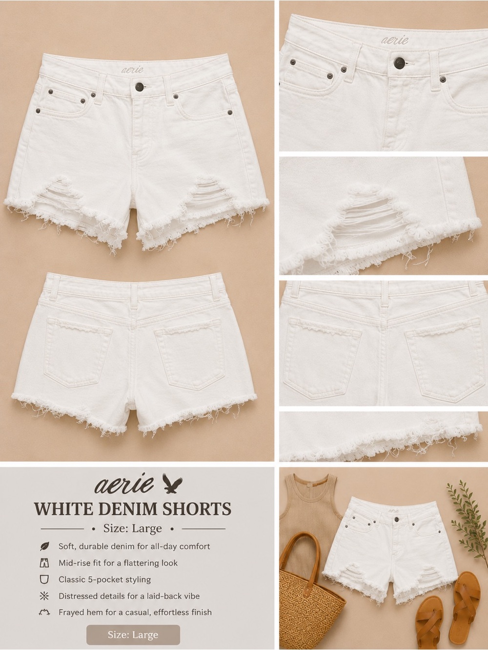 aerie White Distressed Denim Cutoff Shorts